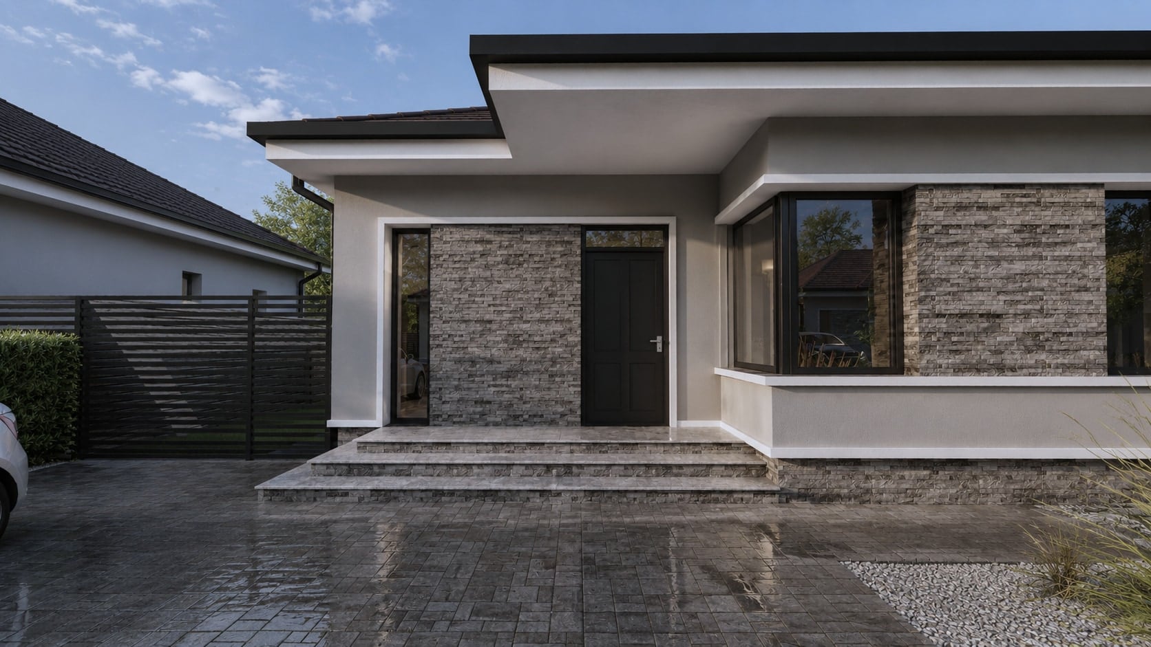 Intrarea casei Vespera, piatră și tâmplărie neagră, Bla Residence Ciorogârla