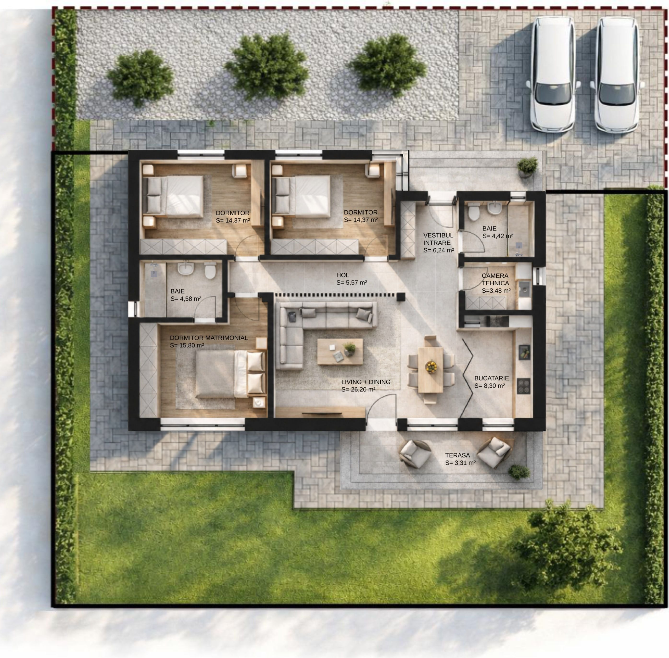 Plan parter mobilat Aurora, încăperi și metraje, Bla Residence Ciorogârla