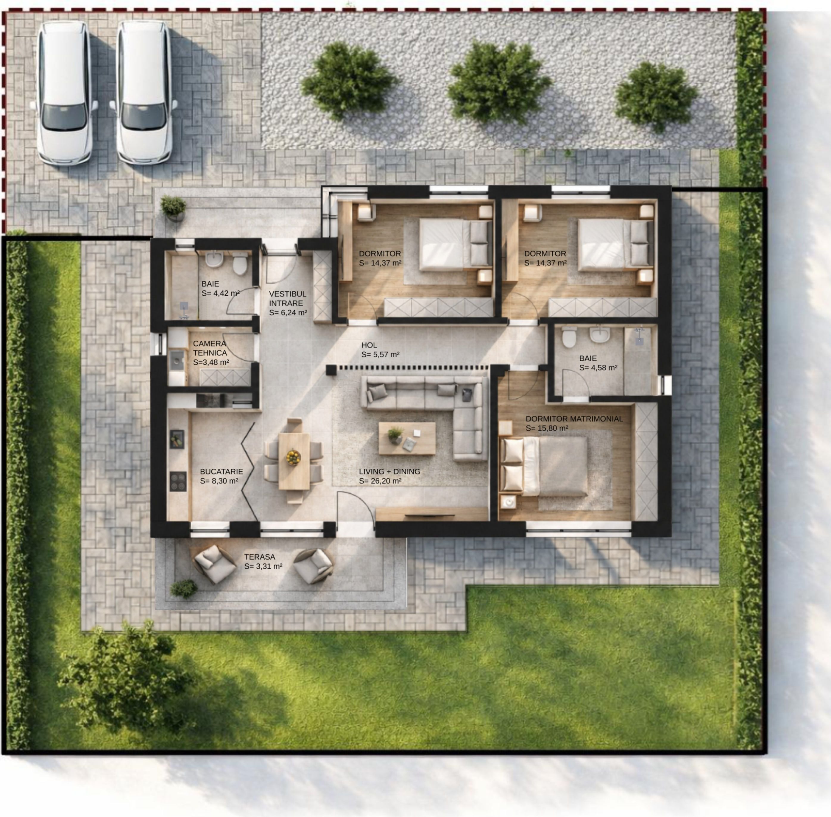 Plan parter mobilat Vespera, încăperi și metraje, Bla Residence Ciorogârla