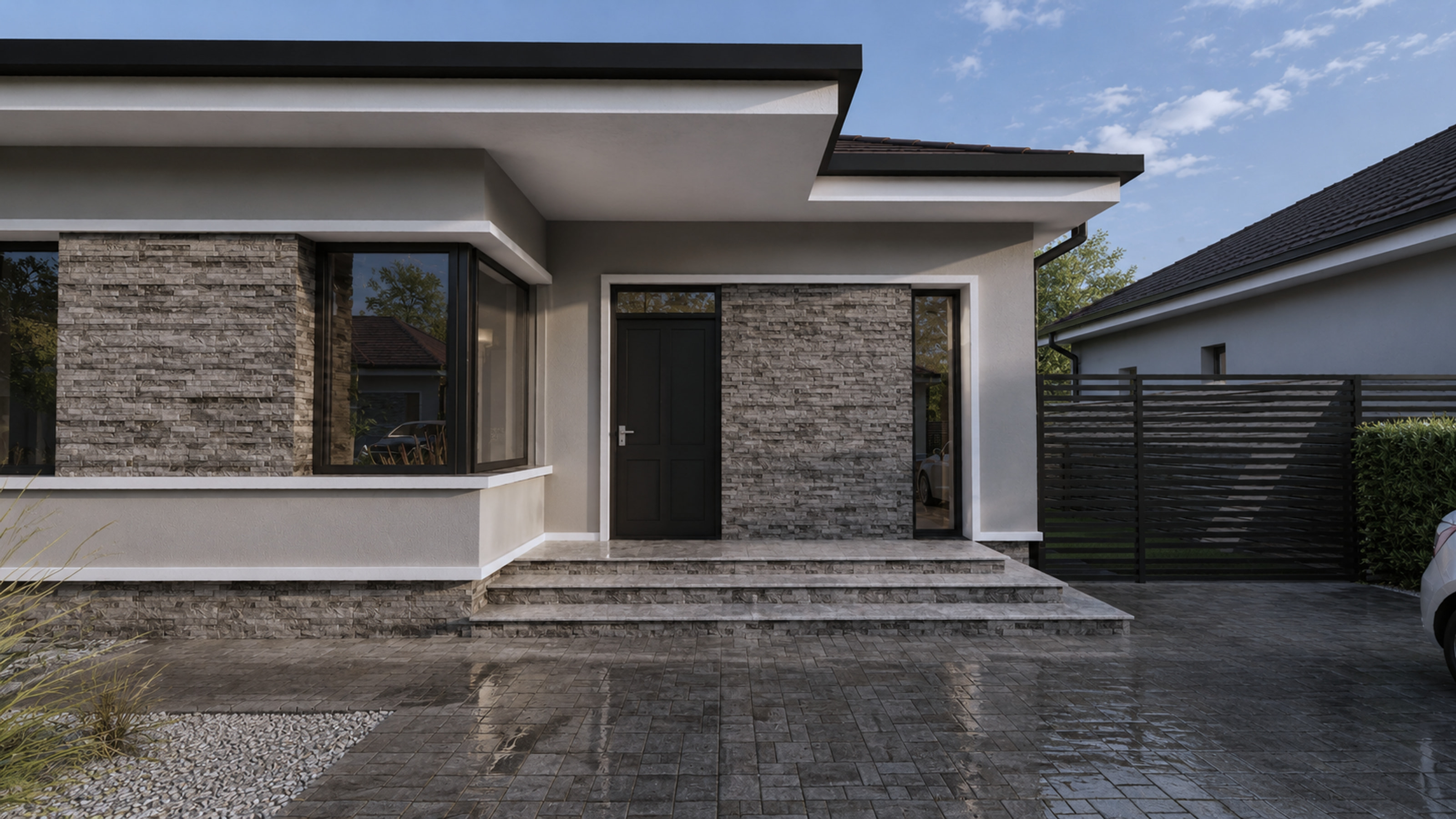 Fațadă contemporană cu piatră și tâmplărie neagră, Bla Residence Ciorogârla